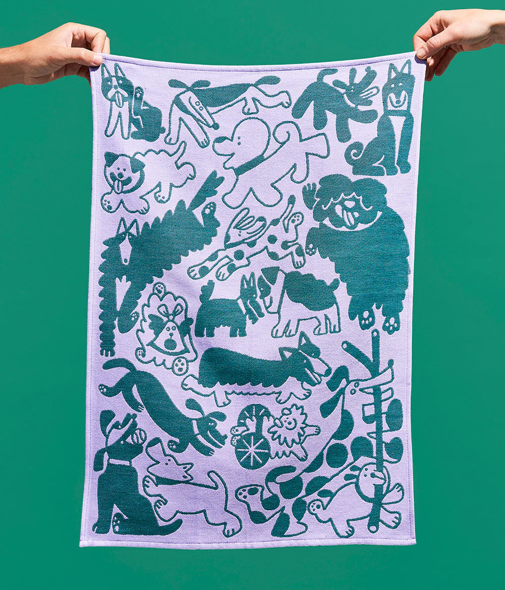 Dogs Day Out Tea Towel Lilac/Green