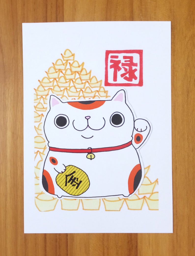 Fu Lu Shou Maneki Neko Lucky Japanese Cat Print