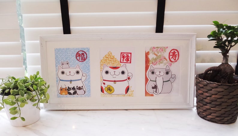 Fu Lu Shou Maneki Neko Lucky Japanese Cat Print