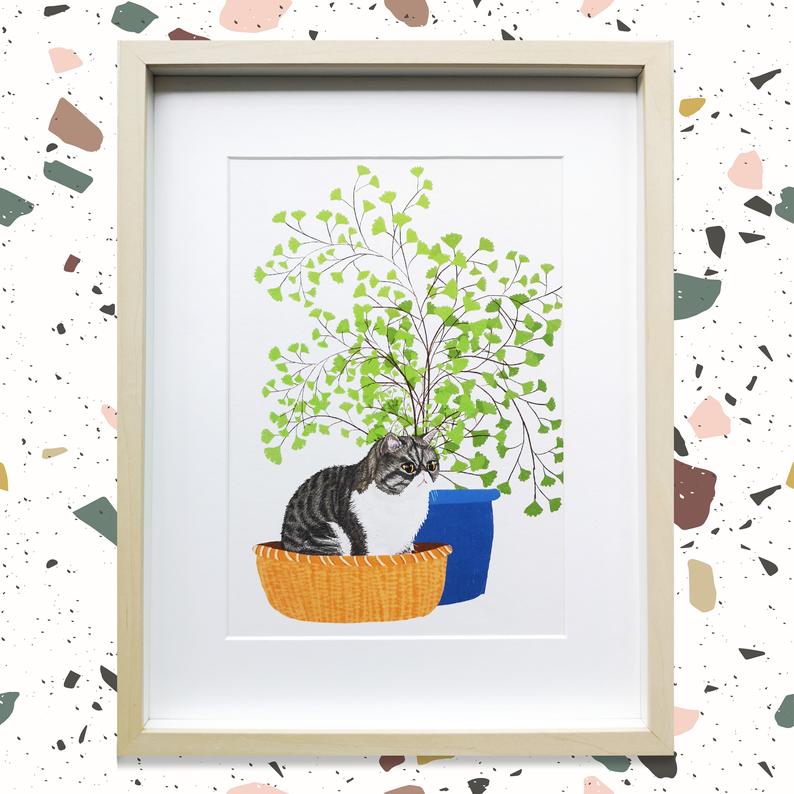 Cat & Maidenhair Fern Print