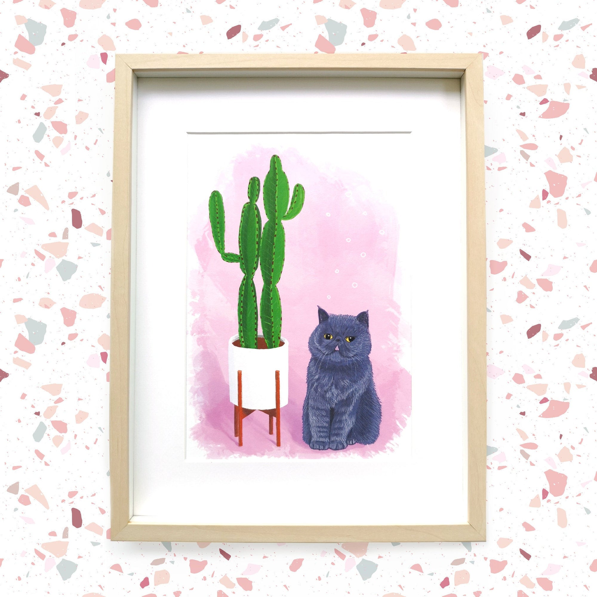 Grey Flat Face Cat with Cactus